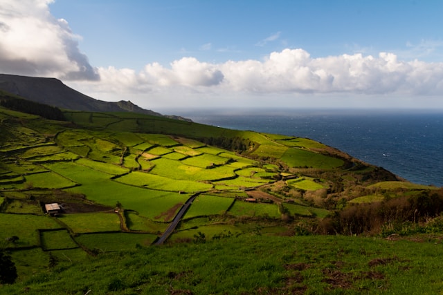Verdes prados junto a la costa de Azores